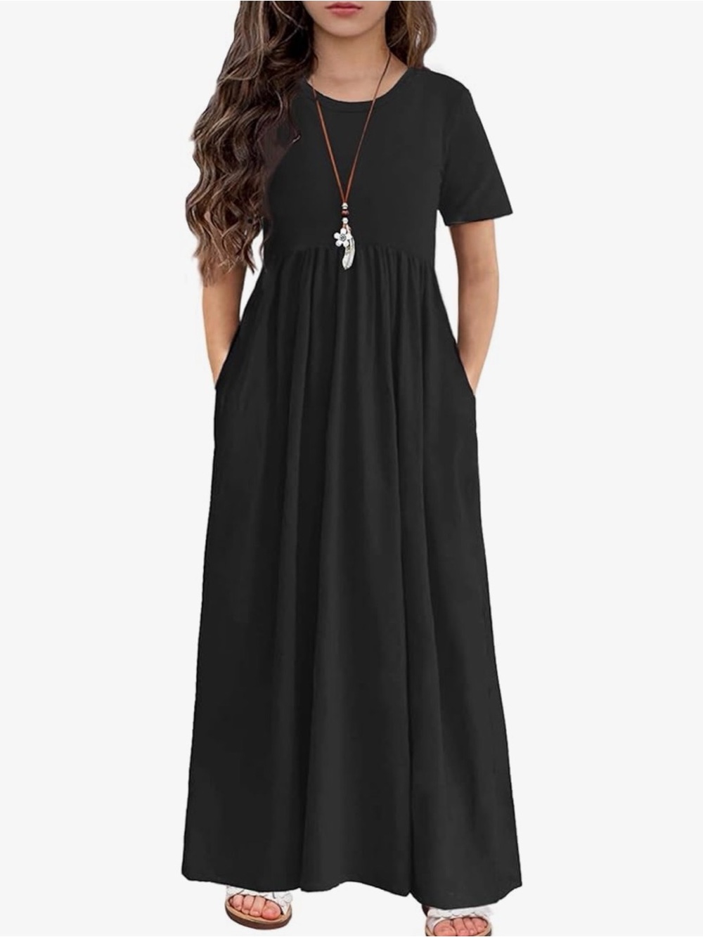 NWT Girls' Black Short-Sleeve Casual Maxi Dress with Pockets, 13-14 yr old